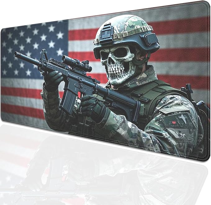American Flag Skull Soldier Large Gaming Mouse Pad, 27.5x11.8in Tactical Military Extended Desk Mat with Stitched Edges, Non-Slip Waterproof Rubber Base for Office, Computer & Laptop