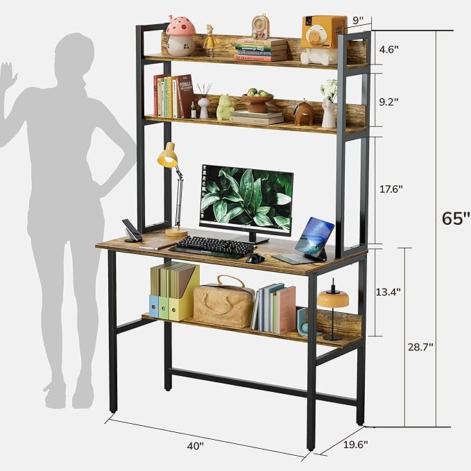 Aquzee Computer Desk with Hutch, 40“W x 19.6" D Desk with Shelves, Tall Home Office Desk with Bookshelf, Metal Legs Study Table with Upper Storage Shelf for Study Writing/Workstation, Brown