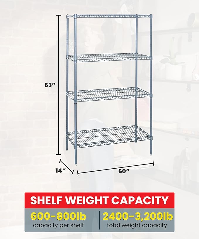 Quantum Storage Systems WR63-1460GY Wire Shelving 4 Shelf Wire Starter Units, 14" x 60" x 63", Gray Epoxy