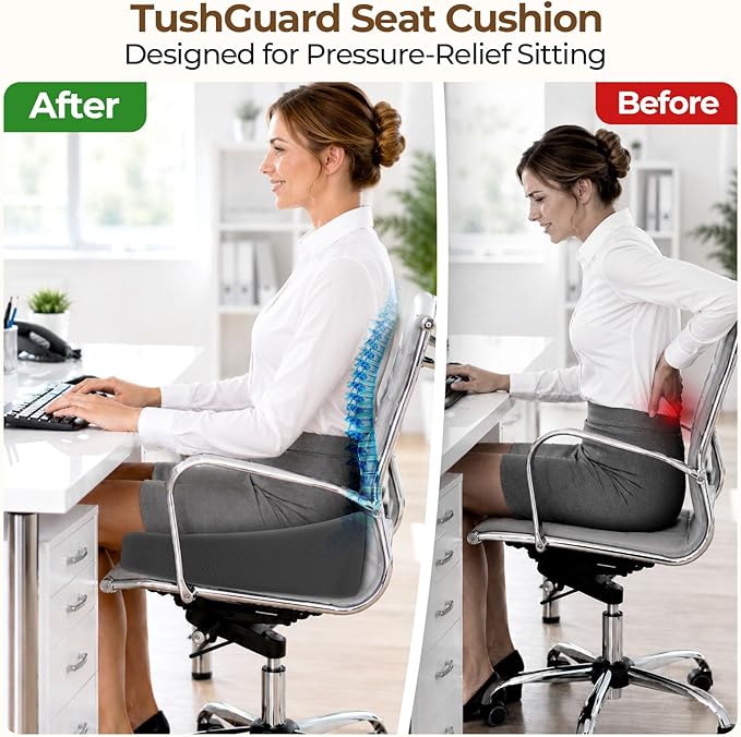 TushGuard Ergonomic Donut Pillow Seat Cushion with Raised Rear Support, Large Memory Foam Cushion for Tailbone, Hemorrhoids & Sciatica Relief, Office Chair, Car, Travel, Postpartum, Grey