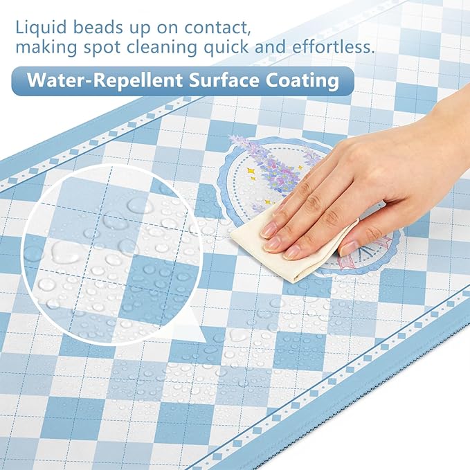 Aesthetic Floral Mouse Pad Large 35.4×15.7 Checkered Blue Desk Mat for Women, Non-Slip Water-Resistant Keyboard Pad for Home Office Gaming