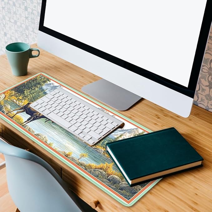Moose Landscape Mouse Pad, Mountain Lake Gaming Desk Mat Waterproof Stitched Edges Rubber Base Non-Slip Deskmap Computer Keyboard Mat, 31.5x11.8in Desk Home Office Gaming