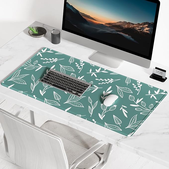BOSOBO Large Desk Pad, XXL XL Extended Gaming Pad, Desktop Full Cover 31.5 x 11.8 Inches, Minimalist Green Flowers