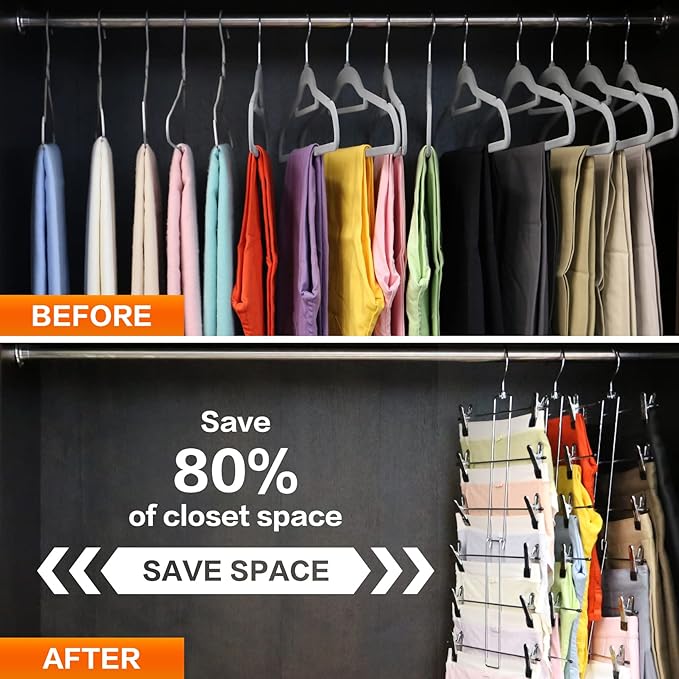 4 Pack Pants-Hangers-Space-Saving,6 Tier-Closet-Organizers-and-Storage Skirt Hooks with Clips,Closet-Organizer-Clothes-Organization-and-Storage Jeans Scarf Holder,College-Dorm-Room-Essentials Decor