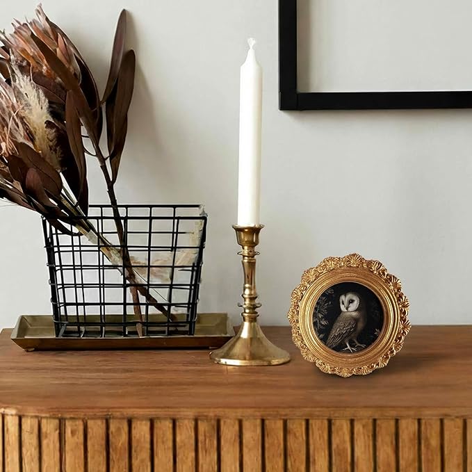 Vintage Midnight Owl Round Picture Frame Wall Decor, Black Goth Dark Gold Mini Ornate Photo Frame for TableTop Desk 2.7in Photo,Rustic Gothic Fall Framed Artwork for Walls Office Bedroom