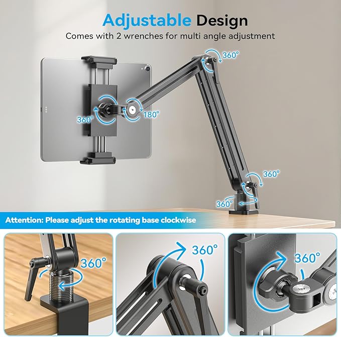 Jakeko Adjustable Portable Monitor Stand 15.6" - 360° Rotating Base Tall Tablet Desk Arm Holder Stand for iPad Air/Pro/Mini Swivel Flexible Clamp Mount Soporte para Tablet/Monitor Portatil/Ereader