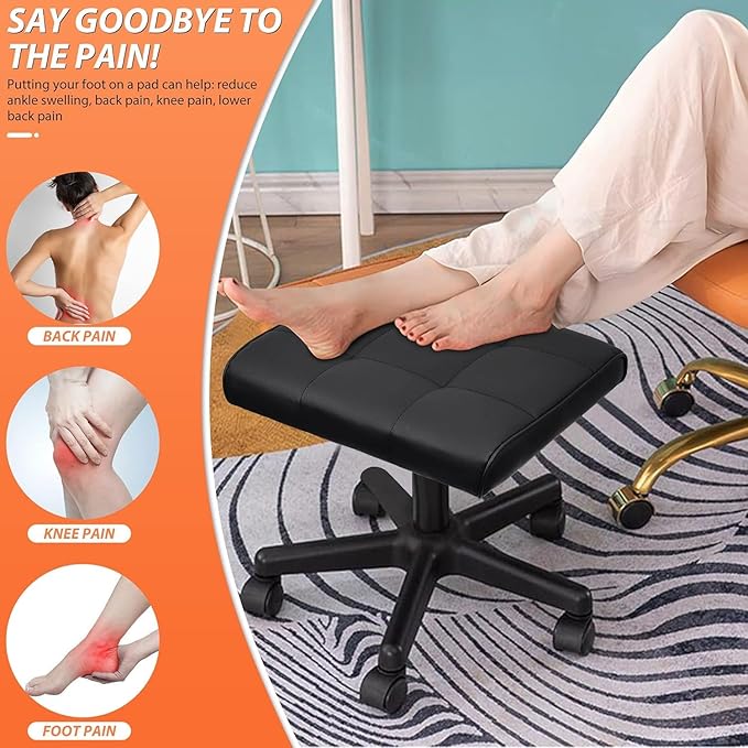 Footrest Under Desk Leg Rest Ottoman Adjustable Height Foot Stool with Wheels Leather Footrest for Home Office, Large (Black)