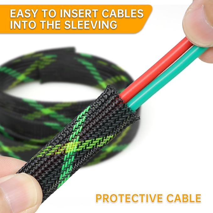 Braided Cable Sleeve, 33ft Expandable Wire Loom for Automotive Wiring Harness & PC Case, Pet-Proof Chew Resistant Cord Protector, Flexible Cable Management (Black-UV Green-UV Yellow, 16mm (5/8"))