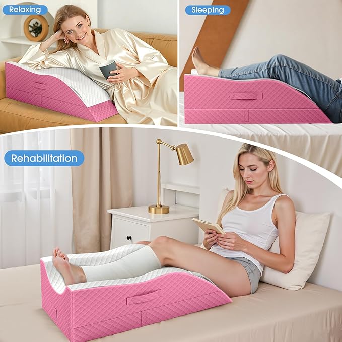 TranquilRelax Elevation Pillows for Leg After Surgery, Memory Foam Adjustable Wedge Pillow for Injury or Rest, Ankle Pillow for Sleeping Blood Circulation, Pink/Double Leg