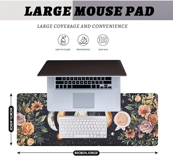 Moon Phases Desk Pad Mouse Pad Boho Celestial Floral Astrology XL Mouse Pad Large Mousepad Extended Laptop Keyboard Mat Gaming Desk Pad Mouse Mat 31.5"x11.8"
