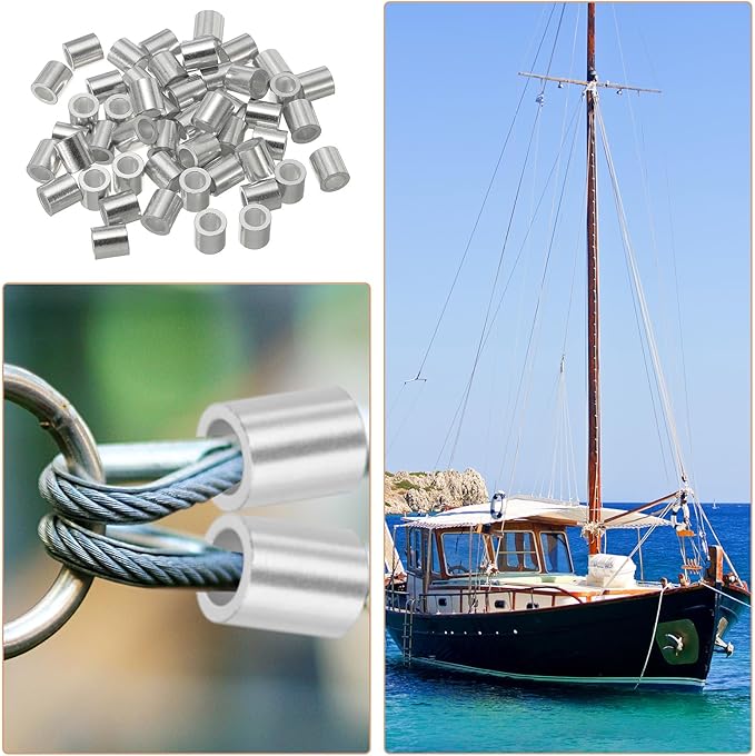 uxcell 3/16"(5mm) Aluminum Crimping Loop Sleeve, Wire Rope Stop Sleeve Round Crimp Ferrules for Wire Rope and Cable Ferrule, Silver 50Pcs