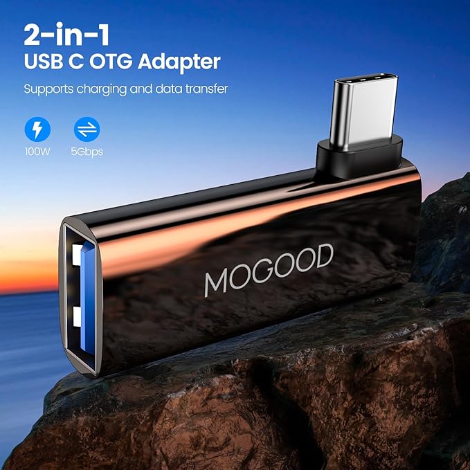 MOGOOD 2-in-1 USB C OTG Adapter with 100W PD Charging, USB 3.0 Port, Right Angle for Galaxy S24, Quest 3, iPad, Chromecast, Pi-KVM – Data & Charge Simultaneously