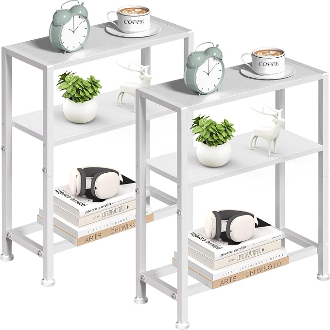 Narrow Side Table Set of 2 for Small Space, 2-Tier Small End Table with Shelf Holder, Slim Nightstand, Skinny Snack Couch Table in Living Room, Bedroom, Study, Kitchen and Balcony (White)