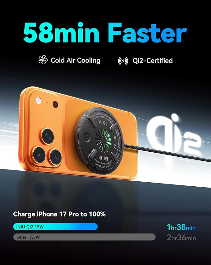 INIU for Mag-Safe Charger with Cooling Fan for Gamers, Original Qi2 Certified 15W Fast Wireless Charging Pad for iPhone 17 16 15 14 13 12 Series & AirPods 4-2 Pro, Ideal for Travel Bedside Desk