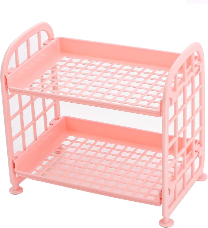 UnnFiko 2-Layers Table Shelf Organizer, Adjustable Plastic Storage Rack Shelf Square Basket Desk Stand Table Storage Organizer Shelves (Pink)