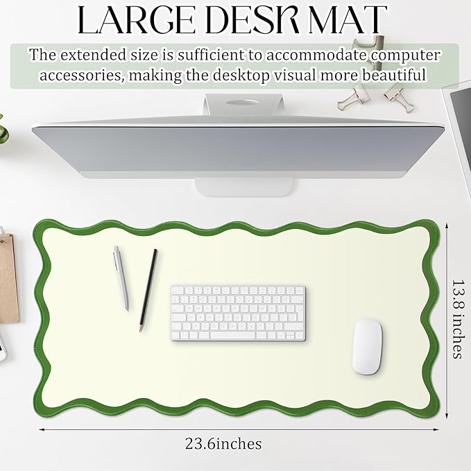 Hahafelt Scalloped Desk Mat Large Desk Pad Cute Coquette Table Mat Aesthetic Preppy Table Make up Pad Nonslip 2026 Graduation Gift with Stitching Waterproof Gaming(Green,23.6 x 13.8 Inches)