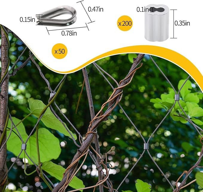Wire Rope Set, 328ft 1/16" Wire Rope Cable with 200pcs Crimping Sleeves 50pcs Thimbles 6pcs M4 Hook & Eye Turnbuckle and 8pcs Eye Screws for Railing, Decking, Hanging