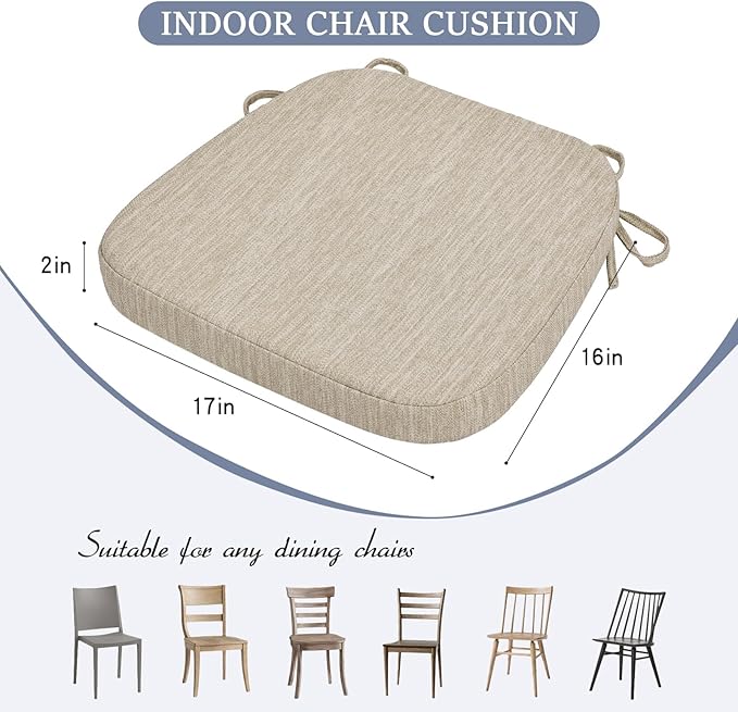 baibu Kitchen Chair Cushions Set of 2, Dual-Layer Patented Design Memory Foam Dining Chair Pads with Ties and Washable Cover, 2 Pack, 17" x 16" x 2", Beige