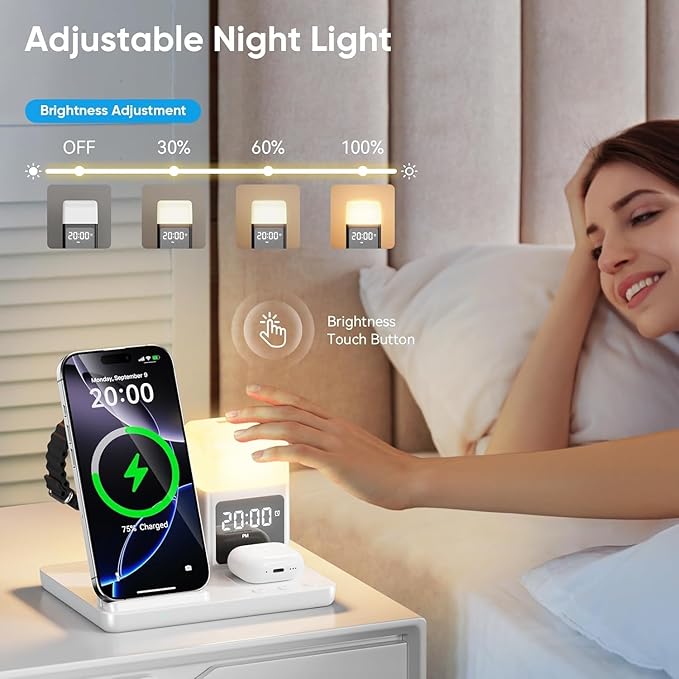6 in 1 Wireless Charging Station with Clock & Night Light，Alarm Clocks for Bedrooms,Wireless Charger Stand with Beside Clock for iPhone 17/16/15/14/13/12 Pro Max, Apple Watch,Airpods (White)