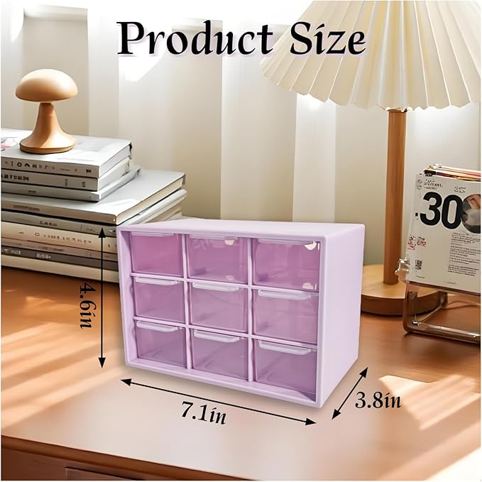 Small Drawer Organizer for Desk, 7.1" x 3.8" x 4.6" Mini Desktop Drawer Organizer with 9 Clear Drawers, Compact Craft & Office Supplies Organizer for Home School (Purple)