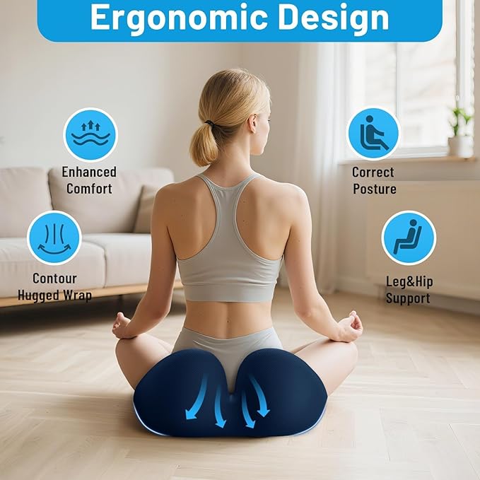Cushzone Seat Cushion, Memory Foam Office Chair Cushions, Ergonomic Curved Design for Sciatica, Tailbone, Coccyx, Seat Support for Car, Desk Chair, Wheelchair, Enhances Long Sitting Comfort (Blue)
