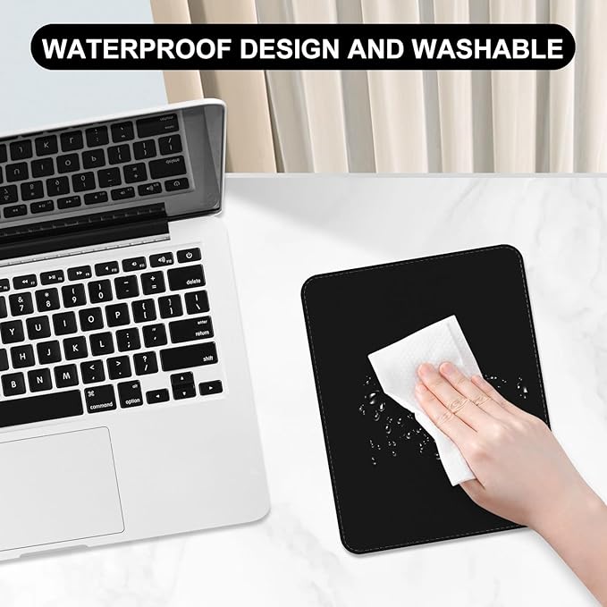 Leather Mouse Pad, Office Mouse Mat Non-Slip Rubber Base Stitched Edge Washable Waterproof Rectangular Mousepad for Office Gaming PC Laptop, 9.8" x 7.9", Black