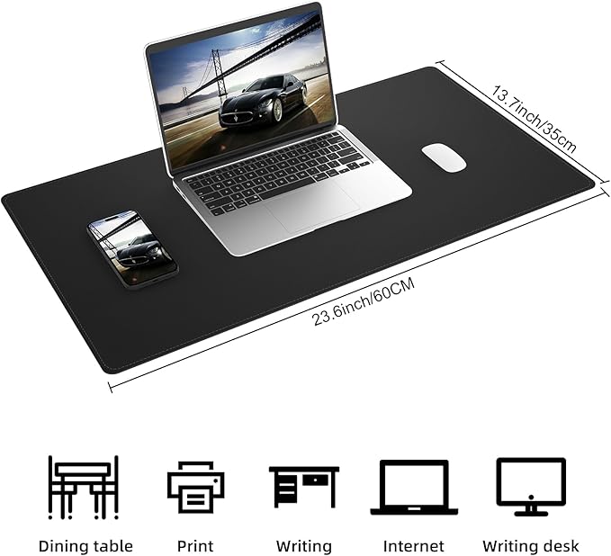 AFIING Cork Desk Mat 23.6 x 13.7, Dual-Sided Cork & PU Leather Desk Pad, Waterproof Non-Slip Desk Protector for Home Office, Study Desk & Minimalist Workspace Black