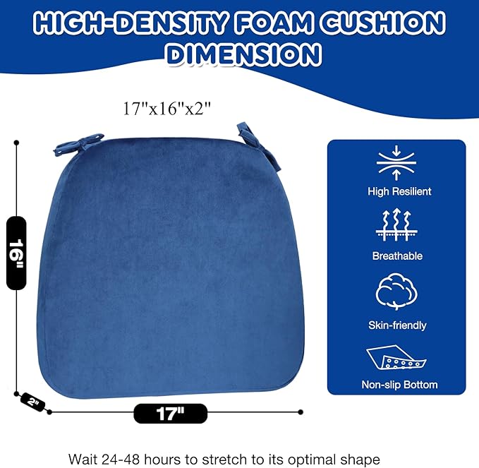 Chair Cushions Set of 1, D-Shaped Seat Cushion for Chair, Non Slip Chair Pads with Ties, 17" x 16" x 2", 40D Foam, Removable Washable Cover, Seat Cushions for Kitchen Chairs, Velure Royal
