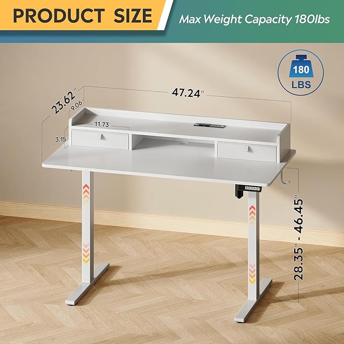 DEVAISE 48 Inch Electric Standing Desk with Shelf, Adjustable Computer Desk for Home Office, with LED Touchscreen，Headphone Hook, 3 Memory Preset, with One-Piece Desktop, White