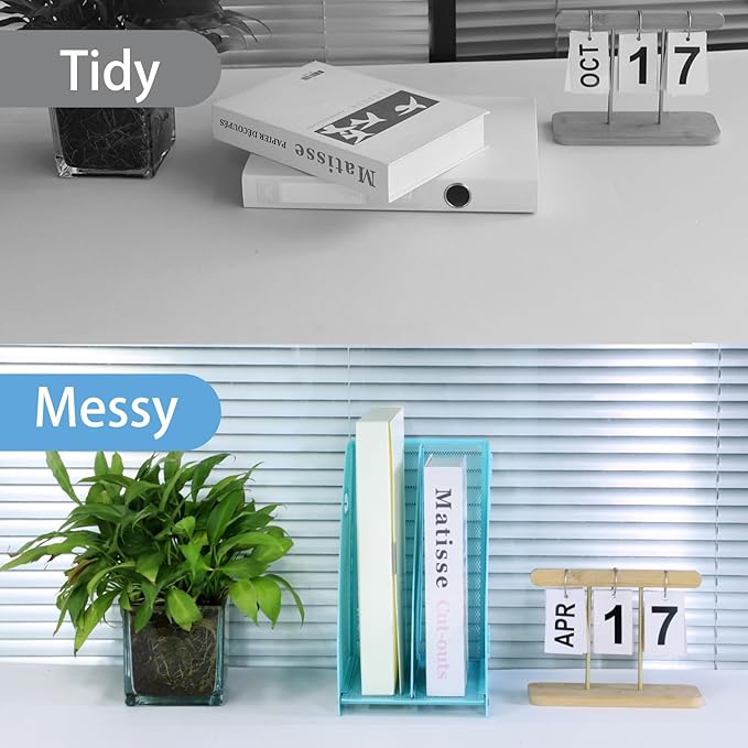 Desk Organizers Metal Magazine File Holder Racks Desktop Folder Storage Binder Organiser Document Organization for Home Office & Classroom,2 Vertical Compartments-Blue