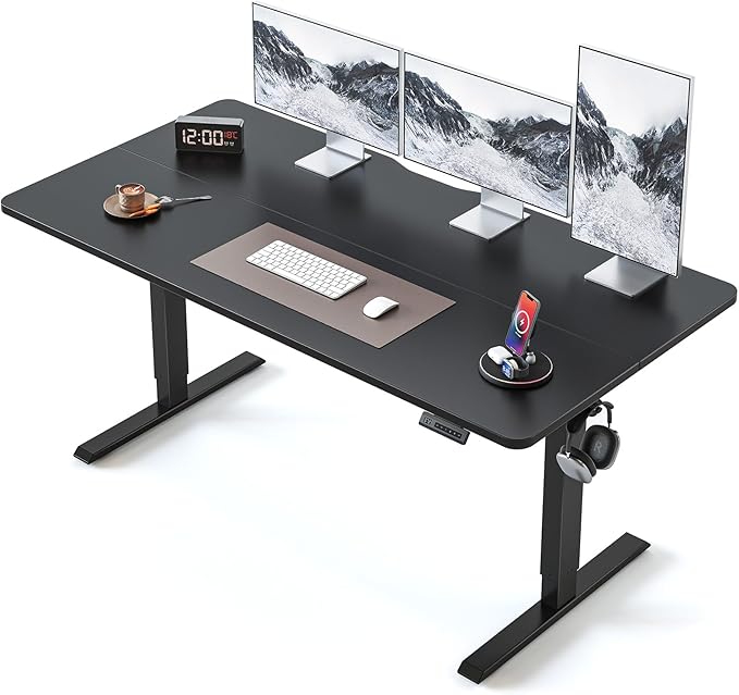 BANTI 63 × 28 Inches Standing Desk, Ergonomic, Electric Height Adjustable, Sit and Stand Up, Computer Desk with a Deeper Desktop, Black Frame/Black Top