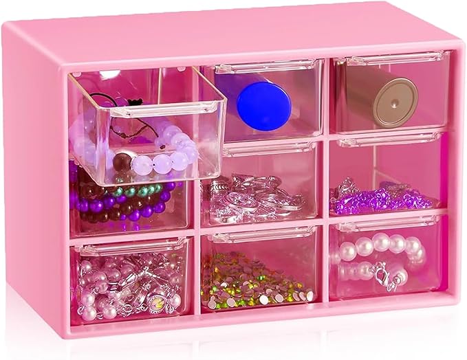 6 Pcs Small Drawer Organizer for Desk, Mini Desktop Drawer Organizer with 9 Clear Drawers, Plastic Desktop Craft Storage Box for Desk Office School Home 7.1" x 3. 8" x 4.6" (Pink)