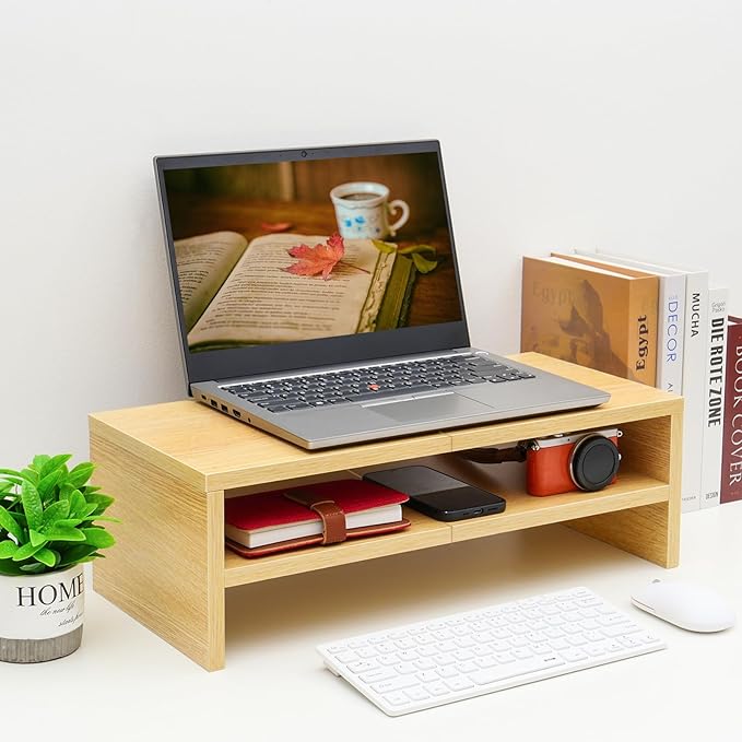 TEAMIX 2 Tiers Desktop Monitor Stand Riser 20 Inch Printer Stand with Storage Small TV Riser Laptop Wooden Desk Organizer Shelf Bookshelf Maple (Natural Maple, 2 Tiers)