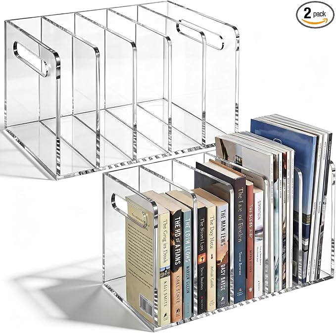 Didaey 2 Pcs Acrylic Magazine File Holder, 5 Vertical Compartments Desk Sorter Organizer Magazines Documents Books Accessories Clear Folder Rack Binder for Office Home (B5,5 Sections,Clear)