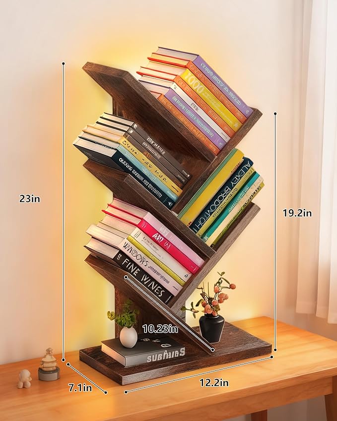 Godferyxin Bookshelf with Liting,Small Bookcase LED and Desktop Book Shelf for Office, Home or School Small Bookshelf for Wood Displaying Books, CDs, Magazines Wood Book Rack-Mini Bookcase