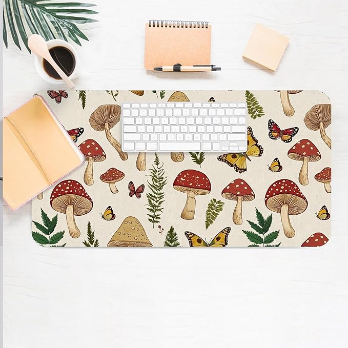 Desk Mat Large Mouse Pad, Non-Slip PU Leather Gaming Mousepad Keyboard Mouse Mats Desk Pads 27.5"x13.8" for Work Office Decor Gifts Beige Mushroom