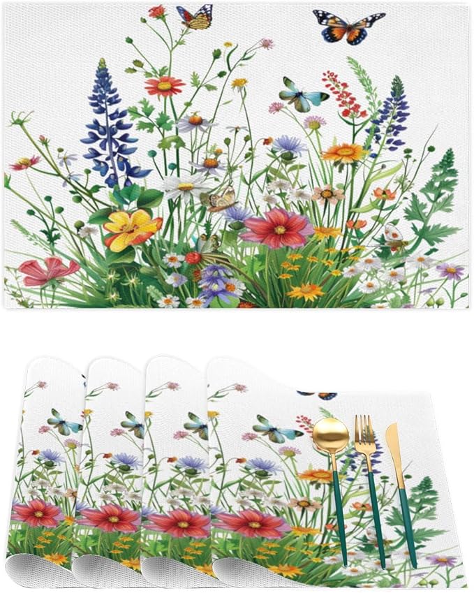 Placemats Set of 4 Heat-Resistant Rectangle Place Mats Grass Flower Floral Washable Plastic PVC Dining Table Mat Non-Slip Wipeable Woven Vinyl Placemat for Kitchen Patio Table Decor