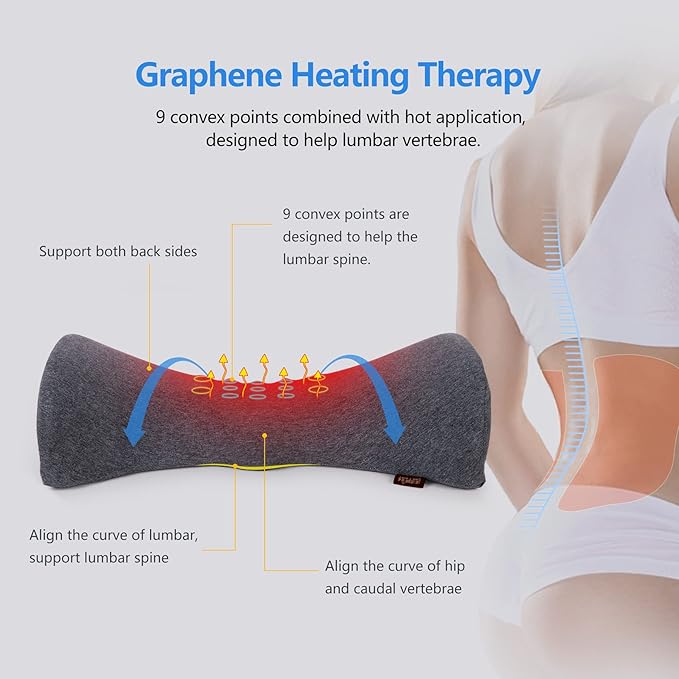 Cozyhealth Lumbar Support Pillow for Sleeping, Heated Lower Back Pillow with Graphene Heating for Lower Back Pain Relief, Memory Foam Mild Support Back Waist Cushion for Bed and Chair (Dark Grey)