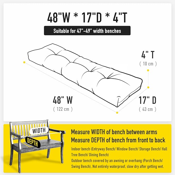 SUNROX LokGrip Non Slip Tufted Memory Foam Bench Cushion, FadeShield Water Resistant Durable Thicken Outdoor/Indoor Bench Seat Pads 48x16x4 inch, Heather Chestnut