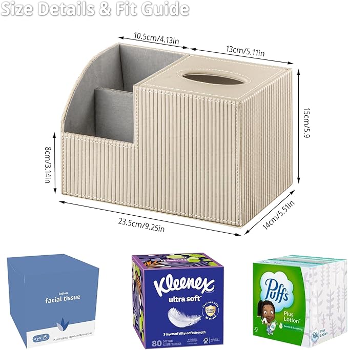 Square Tissue Box Cover with Storage, PU Leather Cube Tissue Box Holder, Remote Control Nightstand Organizer, Modern Desk Caddy for End Table, Bathroom, Bedroom, Home, Office Decor