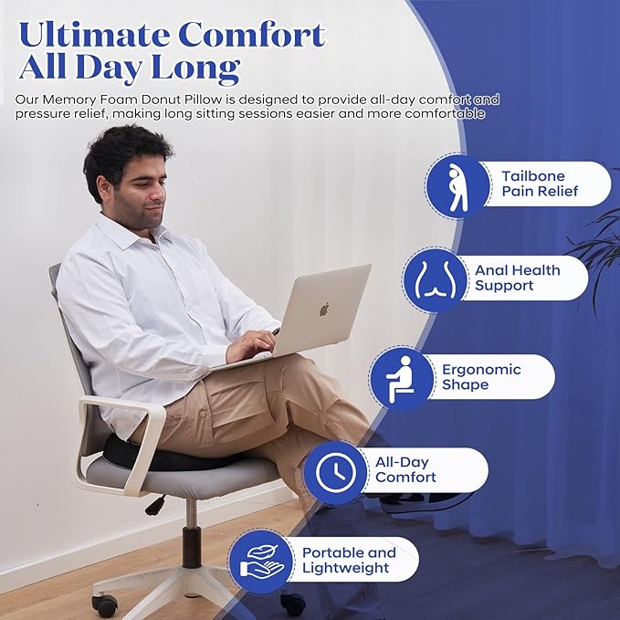 EPSCY Memory Foam Donut Cushion for Coccyx, Hemorrhoid, Sciatica & Tailbone Pain Relief - Pressure Reducing Seat Cushion with Removable Cover - Postpartum Pillow for Office Chair, Car, Wheelchair