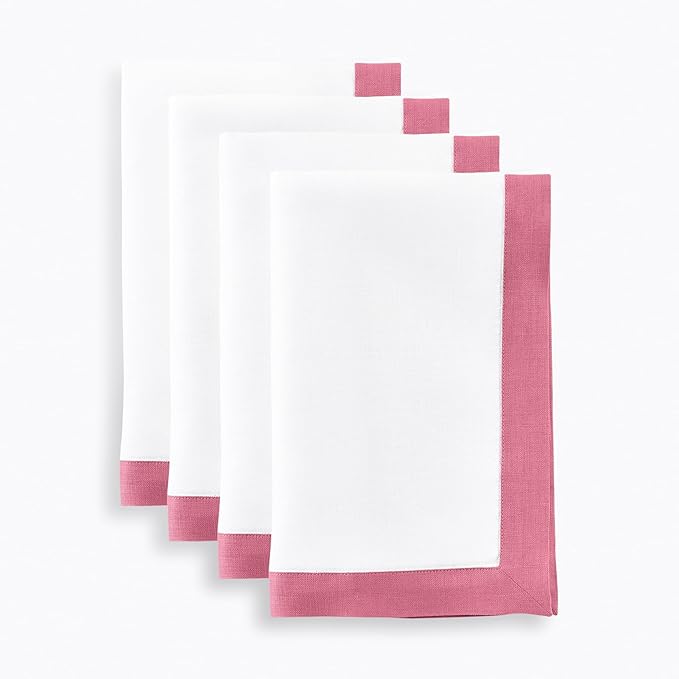 Solino Home Linen Cloth Napkins Set of 4-100% Pure Linen Pink Carnation and White Dinner Napkins 20 x 20 Inch for Spring, Summer - Classic, Handcrafted and Machine Washable