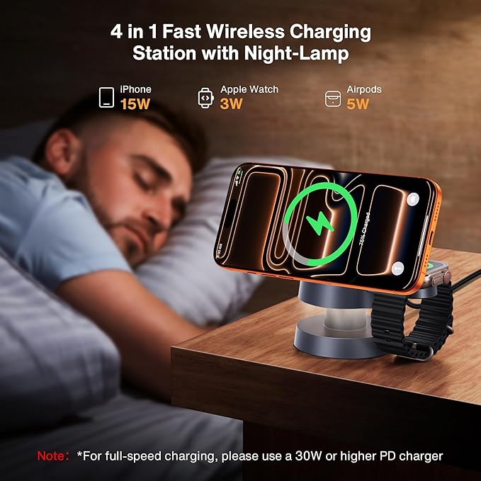iVANKY 4 in 1 Qi2 Certified 15W MagSafe Wireless Charger Station with Night Light, 3 in 1 Fast Charging Stand for iPhone 17e/17/16/15/14/13 Pro Max Air, Apple Watch, Airpods（Includes 33W Adapter） ﻿ ﻿