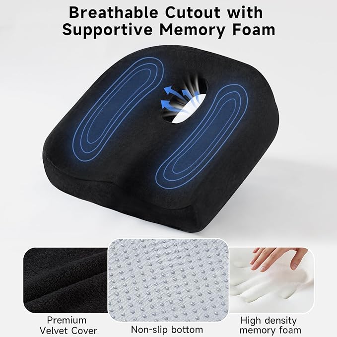 Memory Foam Seat Cushion with Center Cutout, Donut-Style Chair Cushion for Office Chair, Desk Chair and Long Sitting, Coccyx and Tailbone Comfort, Non-Slip Bottom, Removable Washable Cover, Black