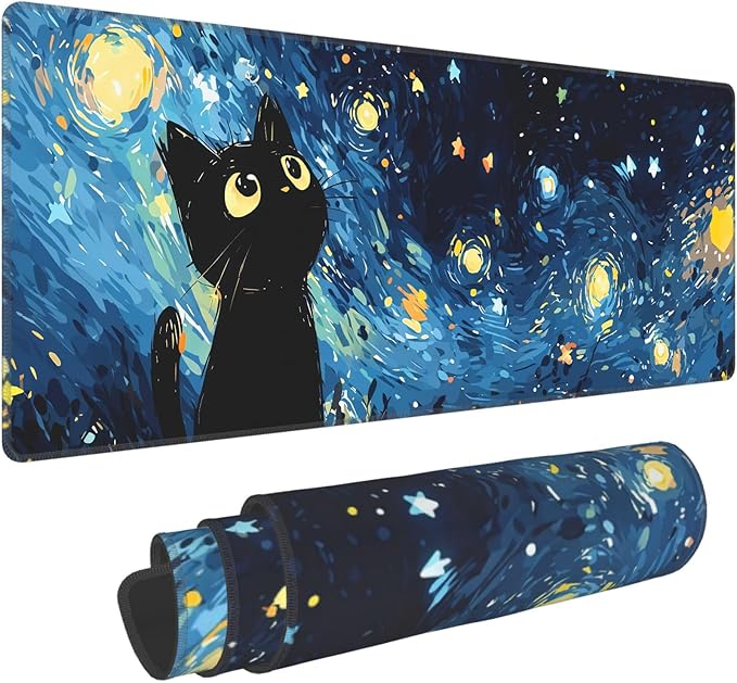 Starry Night Cat Gaming Mouse Pad,Large Cute Mousepad,Extended Anime Dreamy Waterproof Desk Mouse Mat,Kawaii Blue Stitch Mousemat for Office and Home,31.5 x 12in