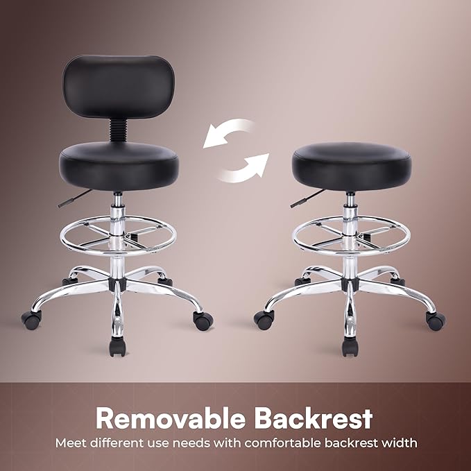 SUPERJARE Drafting Chair with Back, Adjustable Foot Rest Rolling Stool, Multi-Purpose Office Desk Chair, Thick Seat Cushion for Home Bar Kitchen Shop - Black
