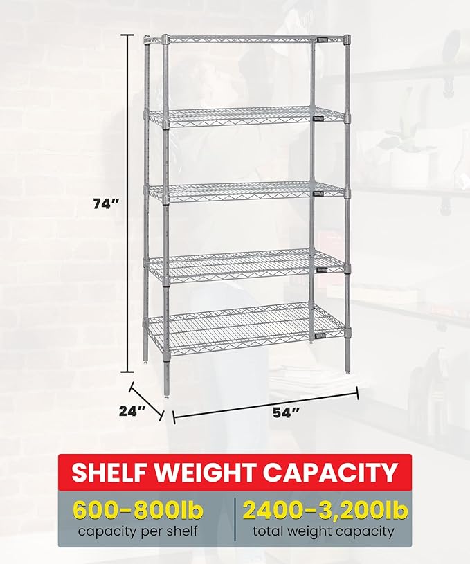 QUANTUM STORAGE SYSTEMS WR74-2454S-5 Starter Kit Wire Shelves Stainless Steel 5 Shelves 74" H x 54" W x 24" D