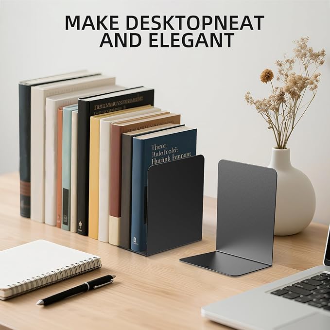 Book Ends, 4 Pieces Metal Bookend for Shelves, Bookends for Heavy Books, Book Holders for Shelves, Desk Organizers, Book Dividers for Office, School, Bookstore, Home