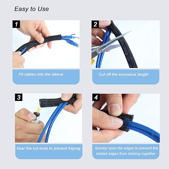 10ft - 1/4 inch Braided Cable Management Sleeve Cord Protector - Self-Wrapping Split Wire Loom for TV/Computer/Home Theater/Engine Bay - Black