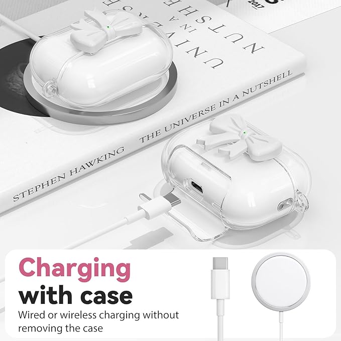 for AirPods Pro 3 Case 2025 with Safety Lock & Phone Stand, Cute Clear Pink 3D Bow Cover with Keychain & Cleaning Kit, Auto-Open TPU Protective Shell for AirPods Pro 3rd Generation Women Girls (White)